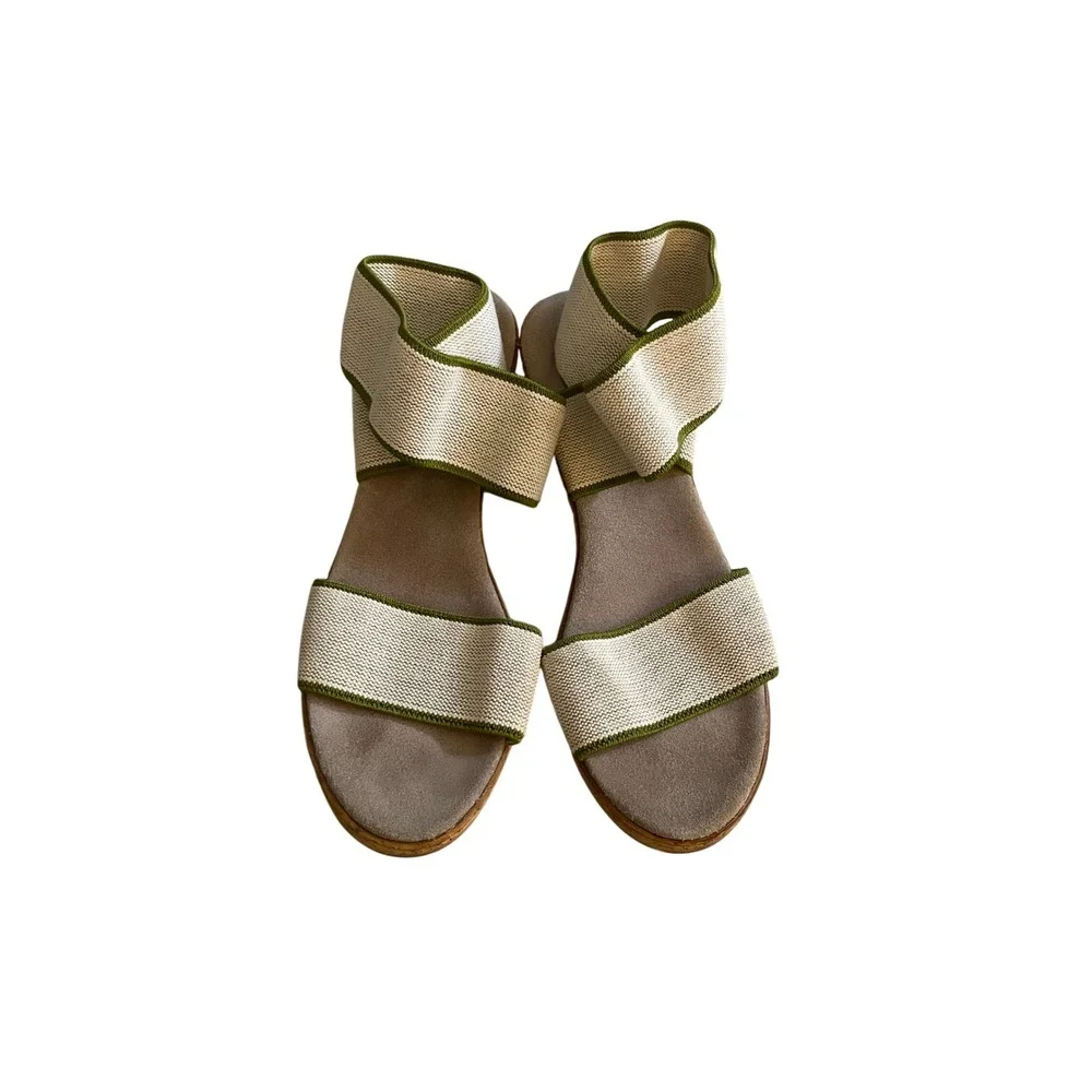 Elastic Strap Cork Like Wedge Sandals Cream Green Sz 9 by Charleston Shoe Co.